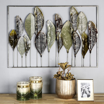 Wanddecoratie metaal &#039;bladeren&#039; groen/bruin/goud