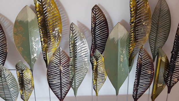 Wanddecoratie metaal 'bladeren' groen/bruin/goud
