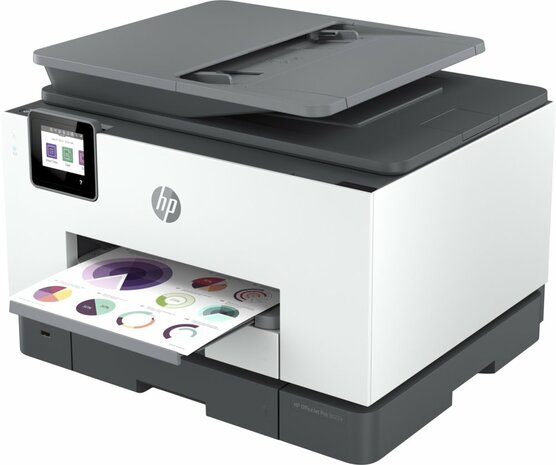 HP OfficeJet Pro 9022e All-in-One-printer, Printen, kopiëren, scannen, faxen, Automatische invoer voor 35 vellen; Printen via USB-poort aan voorzijde; Scannen naar e-mail; Dubbelzijdig printen
