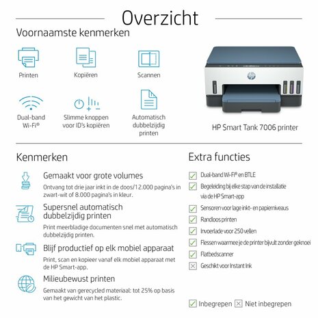 HP Smart Tank 7006 AiO Inkjetprinter | 4800 x 1200 DPI | Wifi | Kleur
