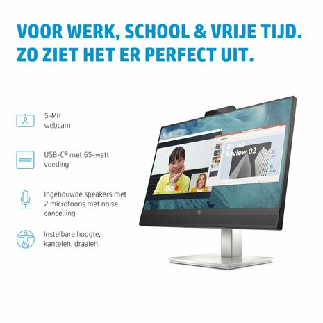 HP E24m G4 23,8" | 1920x1080 FHD IPS | 5ms | 99% sRGB | USB-C met 65W Power Delivery | 5MP Pop-up Webcam | Stereo Speakers | Microfoon | Monitor
